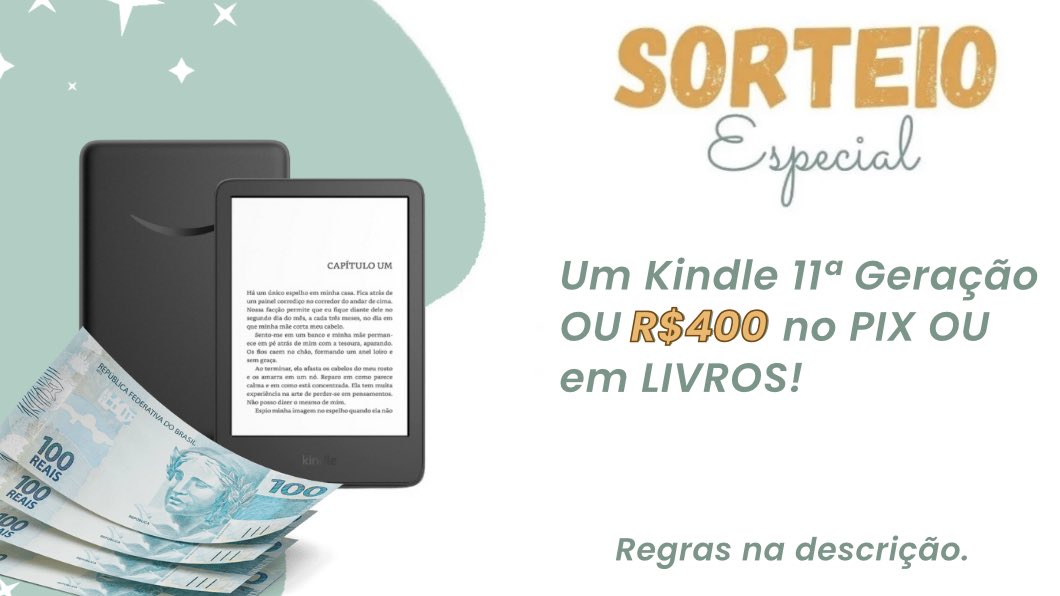 Promo de Books 📚 (@promodebooks) on Twitter photo 📚 Sorteio de Aniversário #1📚
🏆 Prêmio:
✨ UM Kindle 11ª Geração OU R$400 no PIX ou em LIVROS!
↪️ Regras:
• Seguir <a href="/promodebooks/">Promo de Books 📚</a>, <a href="/promodojuao/">juao cupons</a> e <a href="/CupomL13/">Cupom Mercado livre</a>
• Comentar: Eu quero (kindle | pix | livros) + #SorteioKindle
• Dar RT nesse tweet (sem citar)
🗓️ Resultado: 17/08! 📚 Sorteio de Aniversário #1📚
🏆 Prêmio:
✨ UM Kindle 11ª Geração OU R$400 no PIX ou em LIVROS!
↪️ Regras:
• Seguir <a href="/promodebooks/">Promo de Books 📚</a>, <a href="/promodojuao/">juao cupons</a> e <a href="/CupomL13/">Cupom Mercado livre</a>
• Comentar: Eu quero (kindle | pix | livros) + #SorteioKindle
• Dar RT nesse tweet (sem citar)
🗓️ Resultado: 17/08!