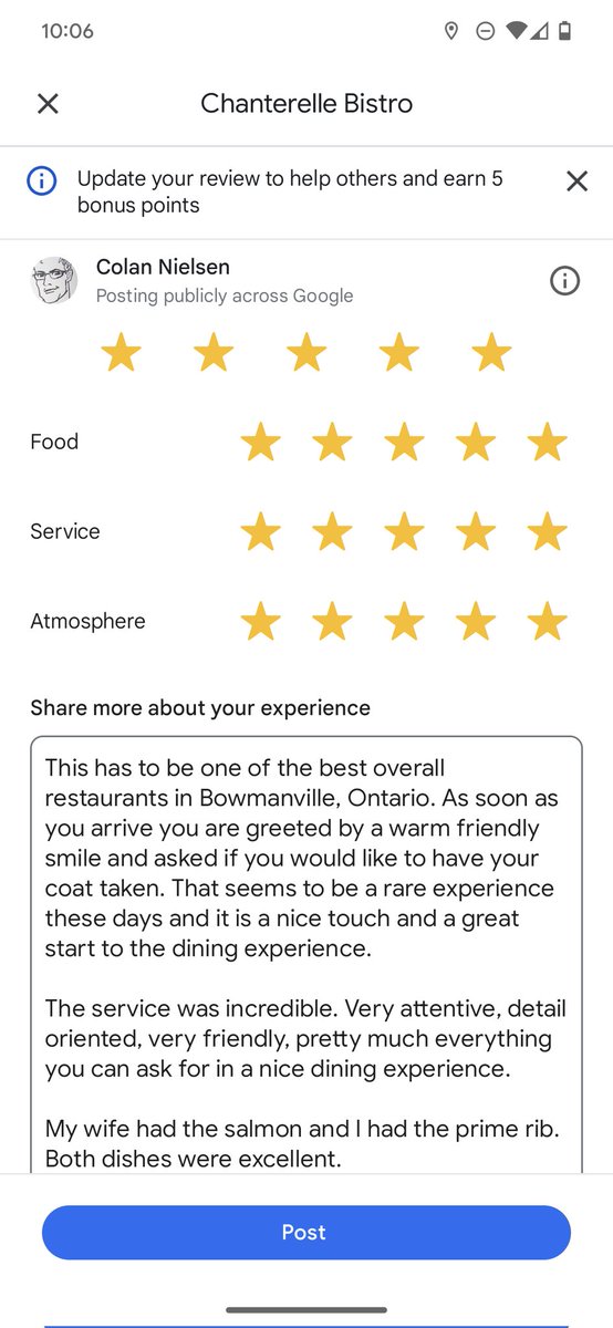 ColanNielsen's tweet photo. Just received a push notification asking me if I want to update a Google review that I left for a restaurant in the past. This makes a lot of sense. Good for customers reading the reviews and fresh data for Google. Smart move. https://t.co/kGBZeX60k7