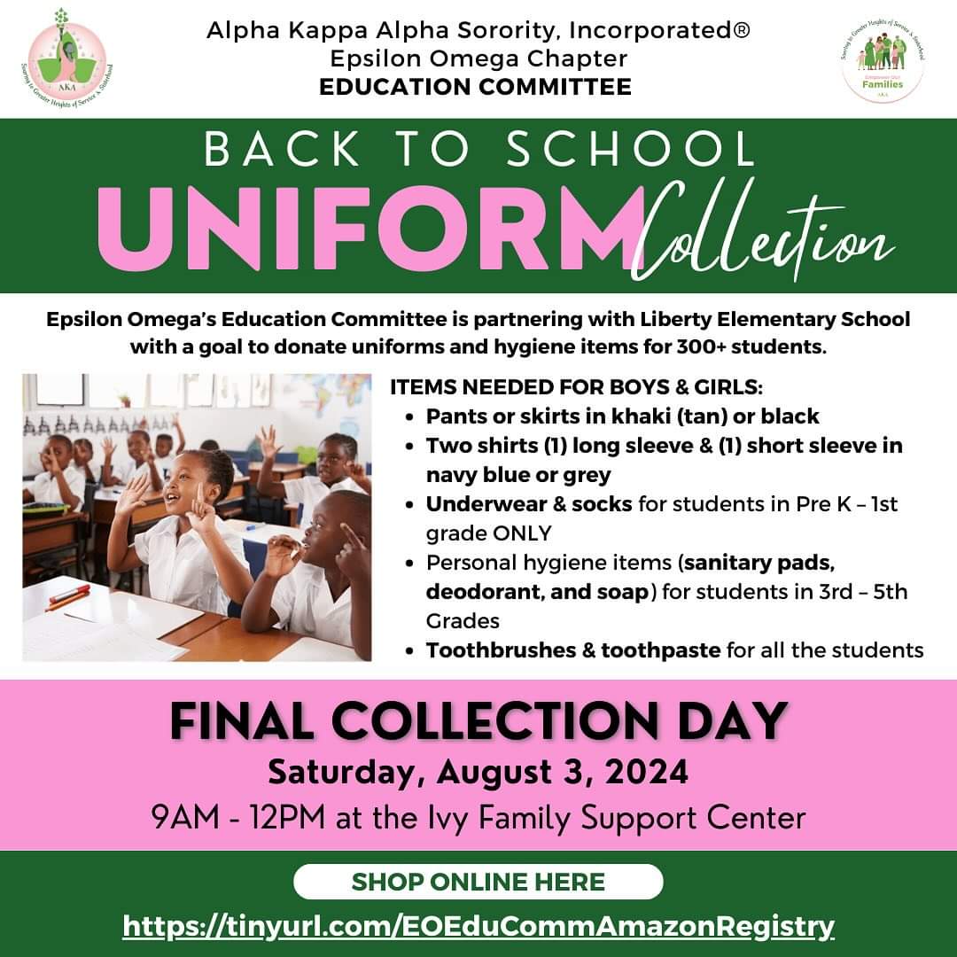 EpsilonOmegaAKA's tweet photo. 📢 LAST DAY ALERT! 📢 Our Back to School Uniform Collection for Liberty Elementary School is ending tomorrow! Help us reach our goal to support 300+ students by donating uniforms and hygiene items. https://t.co/LDMVxdDIfV