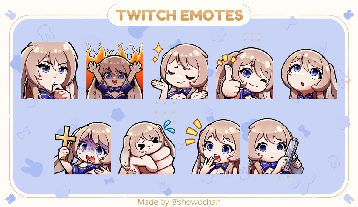 Showochan's tweet photo. [EMOTE SHOWCASE]  

Realicé 9 emotes de Twitch nuevos para una linda Vtuber＼(＾▽＾)／
💙 Espero que su público disfrute de ellos   

 #VtuberES #VTuberUprising #Vtubers https://t.co/5rNMYJRASl