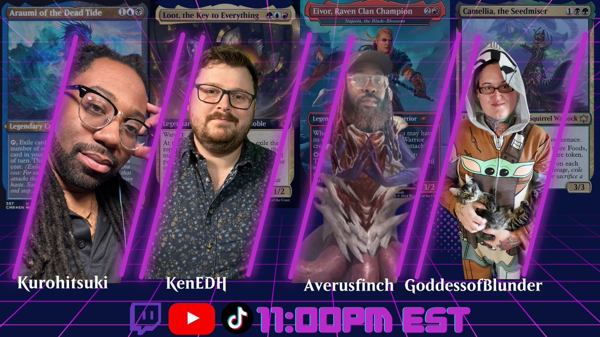 kurohitsuki's tweet photo. We got a late Bloomburrow Release stream tonight!

@theKenEDH Is the KEY to Everything (my heart, perhaps?)
@averusfinch Summons the buffest lady in the Creed with Eivor
@GoddessOfblundR Shows us the power of the new Squirrels 
Its time for the Dead Tide!

Live soon! https://t.co/jtrWAyYTo5