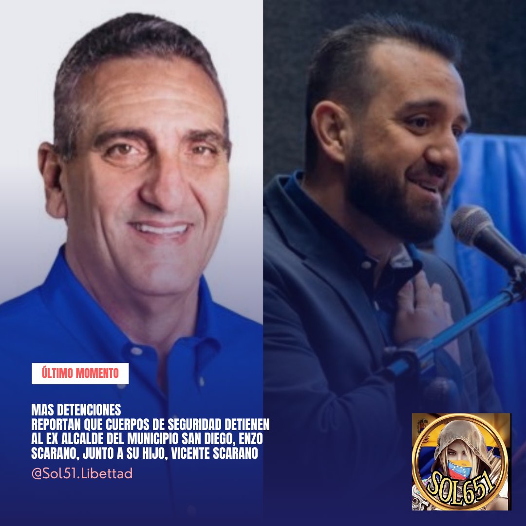 Sol651's tweet photo. MAS DETENCIONES
#2Ago Reportan que Cuerpos de Seguridad detienen al ex alcalde del Municipio San Diego, Enzo Scarano, junto a su hijo, Vicente Scarano https://t.co/PEfOtPBylM