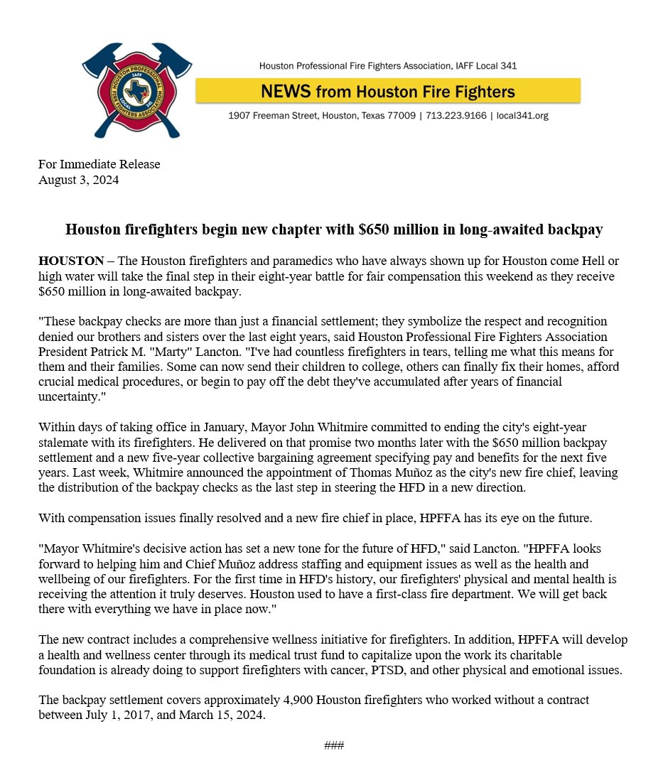 FirefightersHOU's tweet photo. Today is the day Houston firefighters have been waiting eight years for. With $650 million in backpay heading their way, Houston’s bravest can finally begin to heal &amp; rebuild. But it’s more than just a check for the backpay. Read the full story below. https://t.co/2v5EwRD7qN