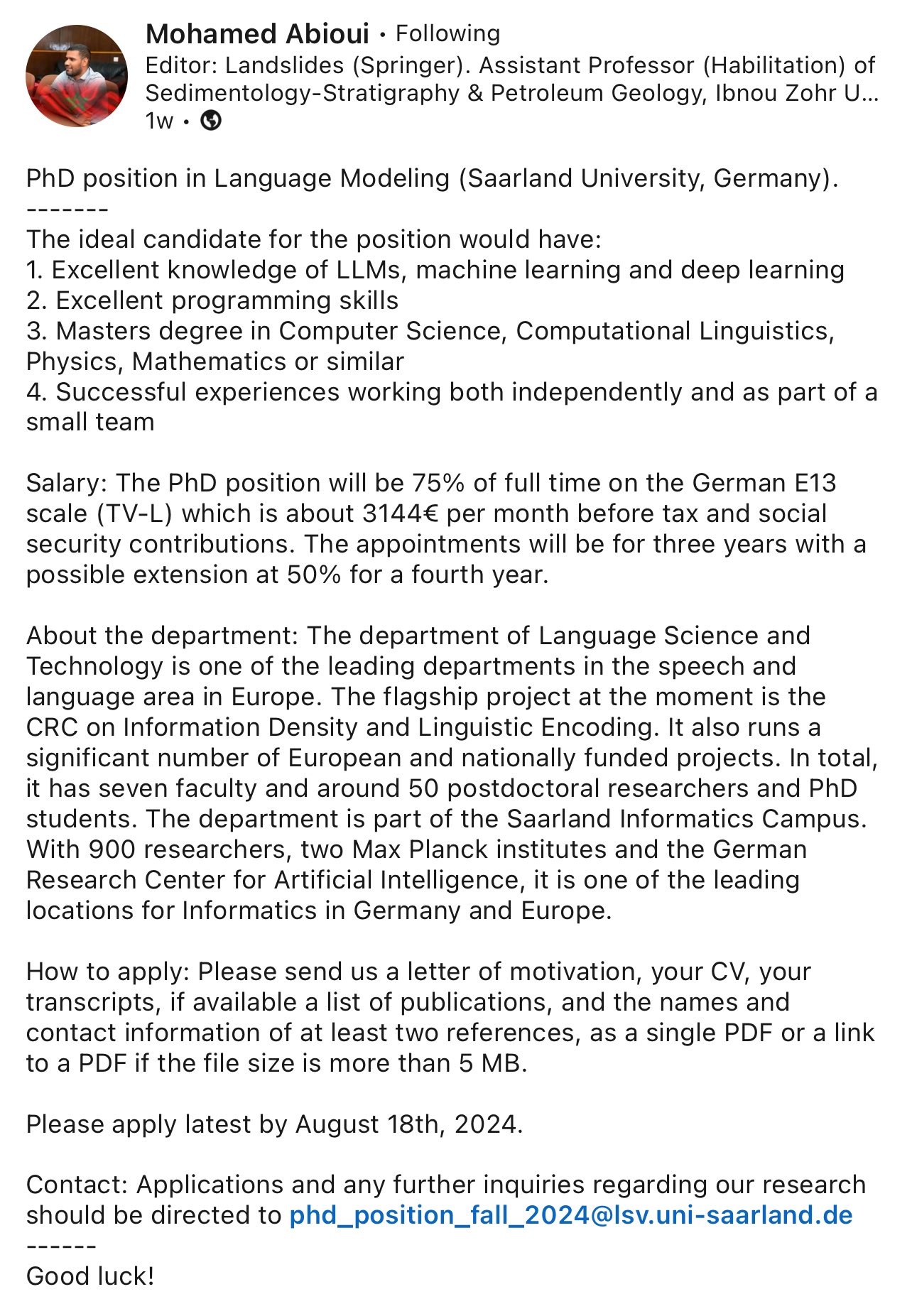 Umair on X: “PhD position in Language Modeling (Saarland