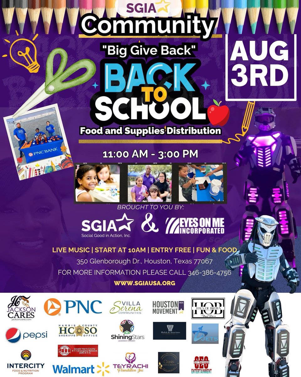 therealmhaynes1's tweet photo. 🎉 Join Us for the Community “Big Give Back” 🎒🍎

Hosted by: Social Good in Action, Inc.&amp; Eyes On Me, Incorporated

📅 Date: August 3rd
🕚 Time: 11:00 AM - 3:00 PM (Live music kicks off at 10:00 AM)

📍 Location: 350 Glenborough Dr., Houston, TX 77067 https://t.co/atm8kV0xQc