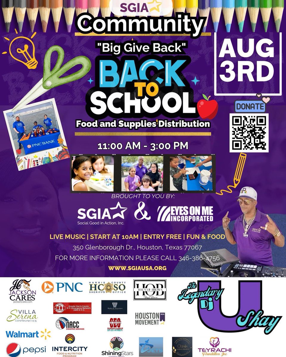 therealmhaynes1's tweet photo. 🎉 Join Us for the Community “Big Give Back” 🎒🍎

Hosted by: Social Good in Action, Inc.&amp; Eyes On Me, Incorporated

📅 Date: August 3rd
🕚 Time: 11:00 AM - 3:00 PM (Live music kicks off at 10:00 AM)

📍 Location: 350 Glenborough Dr., Houston, TX 77067 https://t.co/R9nSaLq8n5