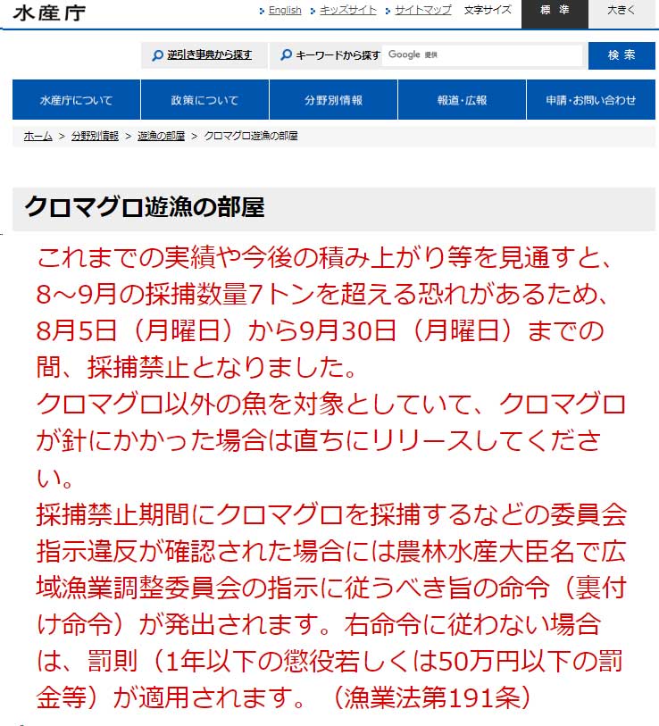クロマグロ遊漁情報
水産庁遊漁の部屋より「8月5日（月曜日）から9月30日（月曜日）までの間、採捕禁止となりました」とのことです。