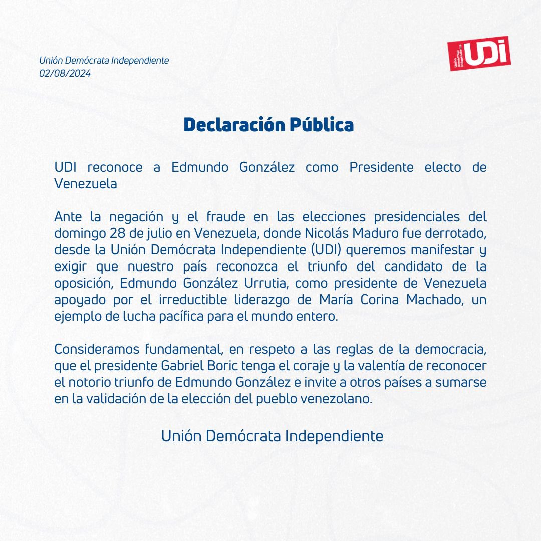 udipopular's tweet photo. Desde la UDI reconocemos a Edmundo González como Presidente electo de Venezuela. https://t.co/0cV38Rp07h