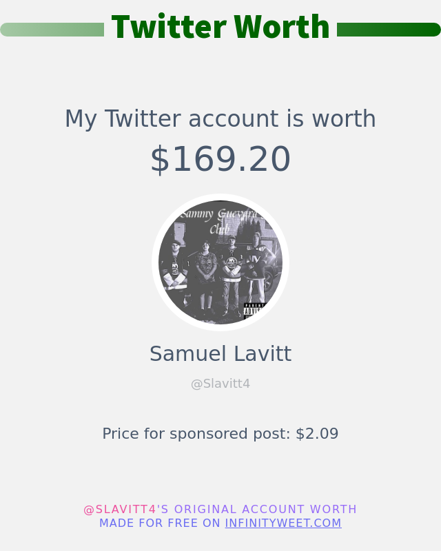 Slavitt4's tweet photo. My Twitter worth is: $169.20

➡️ https://t.co/Ui9LHPzHJB https://t.co/tjQnTcdSil