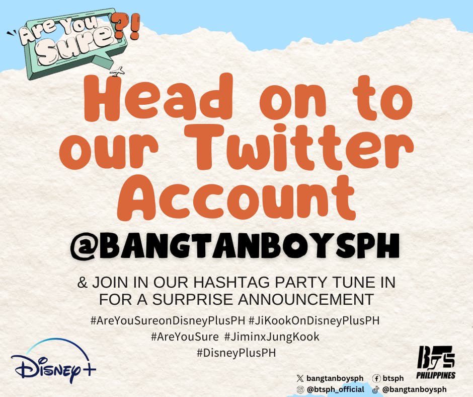 ARMY Alert 📢

To welcome #Jimin and #Jungkook , BTS PH and #DisneyPlusPH has a surprise for us👀

Want to know it?
Are you sure?!

 Check our X account HERE <a href="/bangtanboysph/">BTS PH ⟭⟬ - BANGTAN BOYS PH</a> and join the fun 🤭

#AreYouSureonDisneyPlusPH #JiKookOnDisneyPlusPH #AreYouSure #JiminxJungKook