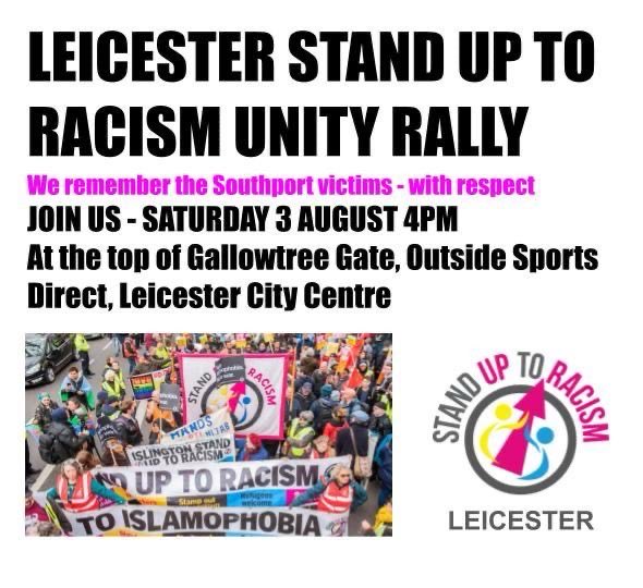 Leicester Stand Up To Racism (@leicestersutr) on Twitter photo The far-right don’t care about innocent victims in Southport or their grieving families. They’ve planned a HATE march in #Leicester - we say NO to racism & Islamophobia. <a href="/leicslive/">LeicestershireLive</a> <a href="/ShockatAdam/">Shockat Adam MP</a> <a href="/leicesterliz/">Liz Kendall</a> <a href="/ShivaniRaja_LE/">Shivani Raja MP</a> <a href="/AntiRacismDay/">Stand Up To Racism</a> 👇 The far-right don’t care about innocent victims in Southport or their grieving families. They’ve planned a HATE march in #Leicester - we say NO to racism & Islamophobia. <a href="/leicslive/">LeicestershireLive</a> <a href="/ShockatAdam/">Shockat Adam MP</a> <a href="/leicesterliz/">Liz Kendall</a> <a href="/ShivaniRaja_LE/">Shivani Raja MP</a> <a href="/AntiRacismDay/">Stand Up To Racism</a> 👇