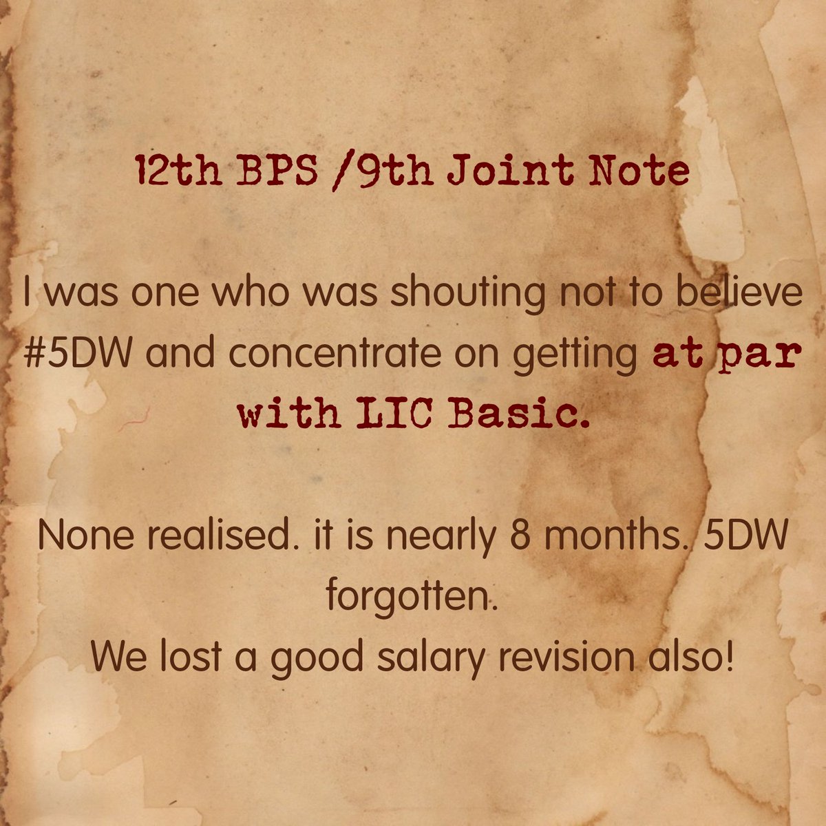 Fair_Banker's tweet photo. #5DWK -a lost hope. In the bargain, we lost opportunity of good salary revision. We are now 56% basic of LIC. LIC Dev Office BP was far less than officers, getting 10K more than us.
Is there anything less shameful than this!?
@ChiefIba @ChairmanIba 
@nsitharaman @aiboc_in https://t.co/l9bKj5RkaW