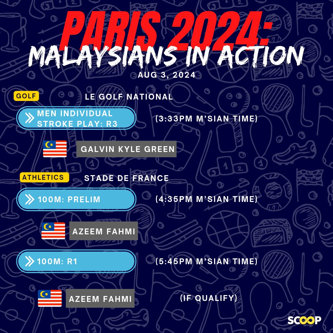 Scoopdotmy's tweet photo. Good Morning ! 🌞
We got #Golf #Athletics #Sailing & #Badminton for #TeamMAS🇲🇾 today at the #Paris2024 #Olympics !
#TeamMAS could be winning its first medal today! 🥉
Here's the schedule: ⬇️
#olimpik #pearlythinaah #gavingreen #khairulnizammohdafendy #nurshazrinmohdlatif #badmintonmalaysia #golfmalaysia #sailingmalaysia #teammalaysia #sports
