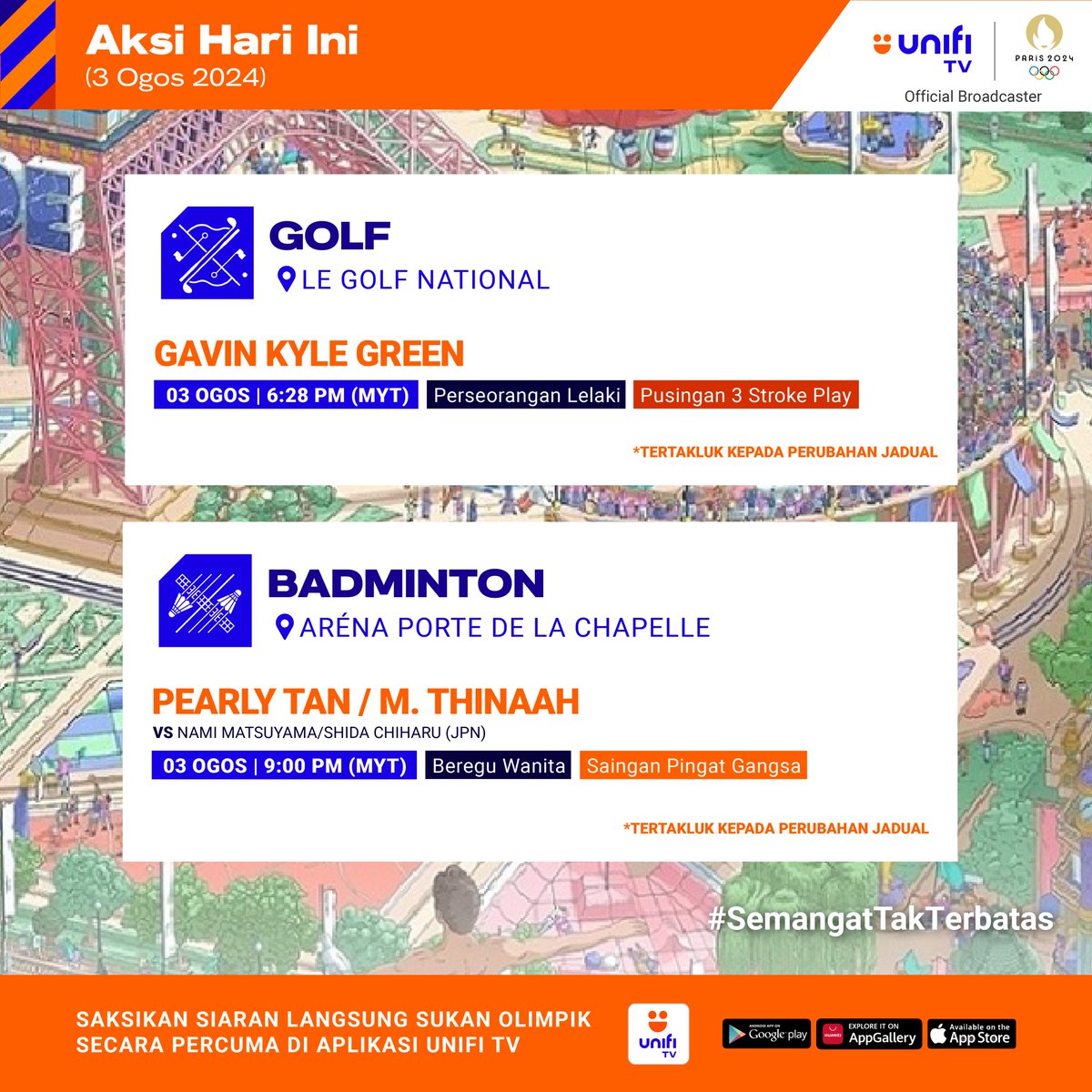 UnifiSports's tweet photo. 🗓️ Jadual atlet-atlet 🇲🇾. Azeem bakal memulakan kempen #Olympics hari ini!

Saksikan siaran langsung sukan Olimpik #Paris2024 secara percuma di aplikasi Unifi TV📱 Muat turun aplikasi Unifi TV - https://t.co/8Z4MaGvW2s iOS &amp; Android

#KamiTeamMalaysia #SemangatTakTerbatas https://t.co/9RwZHGjCbA