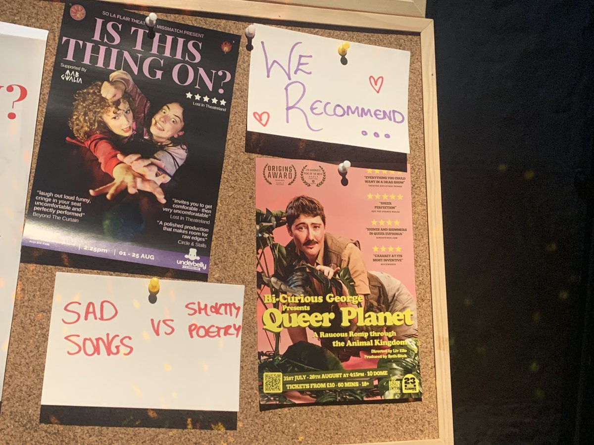 Each day we've got a show recommendation on our silly show board !! Our sound designer Sof recommends this for a camp ol' time x

✨Queer Planet, 4:15pm, Pleasance Dome, 1-26th

✨Queer Cabaret, Drag, Character Comedy 

tickets.edfringe.com/whats-on/bi-cu…

directed by icon <a href="/liv_ello/">liv ello</a>