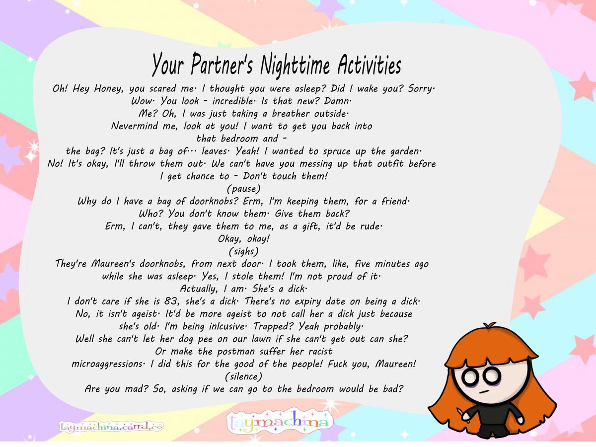 taymachina's tweet image. Day 6 of #machinamonologues 

This one was inspired by @MikaMewMew who told me to write about someone’s doorknobs getting stolen 🫶🏻

Full terms at taymachina.carrd.co 

#asmr #asmrscript #Vtuber #script