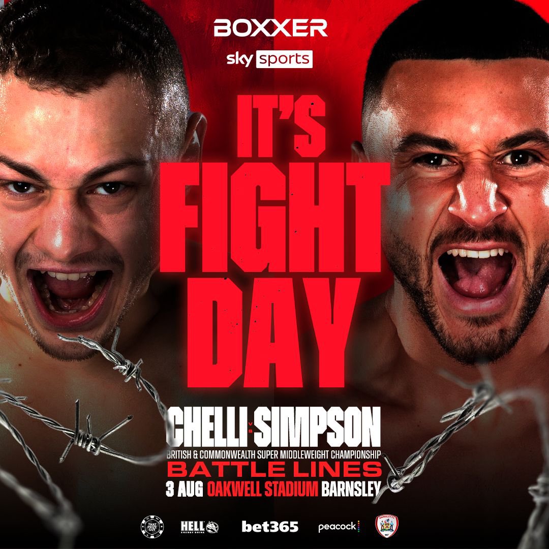 BOXXER (@boxxer) on Twitter photo After months of anticipation, fight day is HERE ๐ฅ
<a href="/ZakChelli/">Zak Chelli</a> enters enemy territory as he defends his British and Commonwealth titles against hometown hero <a href="/CallumSimpson9/">Callum Simpson</a> ๐ฅ
#ChelliSimpson | 03.08.24 | Oakwell Stadium | @skysportsboxing | <a href="/peacock/">Peacock</a> After months of anticipation, fight day is HERE ๐ฅ
<a href="/ZakChelli/">Zak Chelli</a> enters enemy territory as he defends his British and Commonwealth titles against hometown hero <a href="/CallumSimpson9/">Callum Simpson</a> ๐ฅ
#ChelliSimpson | 03.08.24 | Oakwell Stadium | @skysportsboxing | <a href="/peacock/">Peacock</a>
