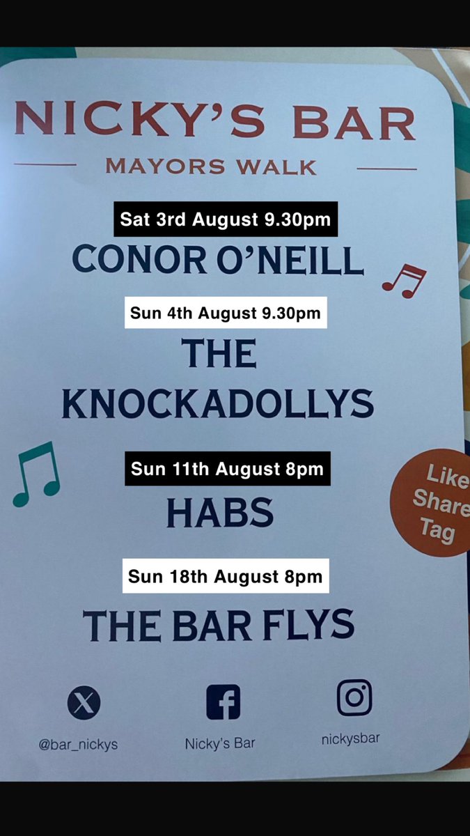 Super line up for the Spraoi weekend. 
:This evening sees Conor O Neill play from 9.30 a must see if you’re around. 
:Sunday evening we have the super KNOCKADOLLYS 1st timers to the pub but we have seen them in other venues and you will not be disappointed for calling in.