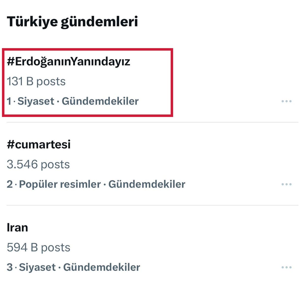 Soykırımcı İsrail'in alçak bakanlarından birinin Türkiye Cumhuriyeti Cumhurbaşkanı Recep Tayyip Erdoğan’ı hedef alan küstah paylaşımı üzerine Türkiye tek yürek oldu.

#ErdoğanınYanındayız etiketi X gündeminde geceden bu yana ilk sırada.