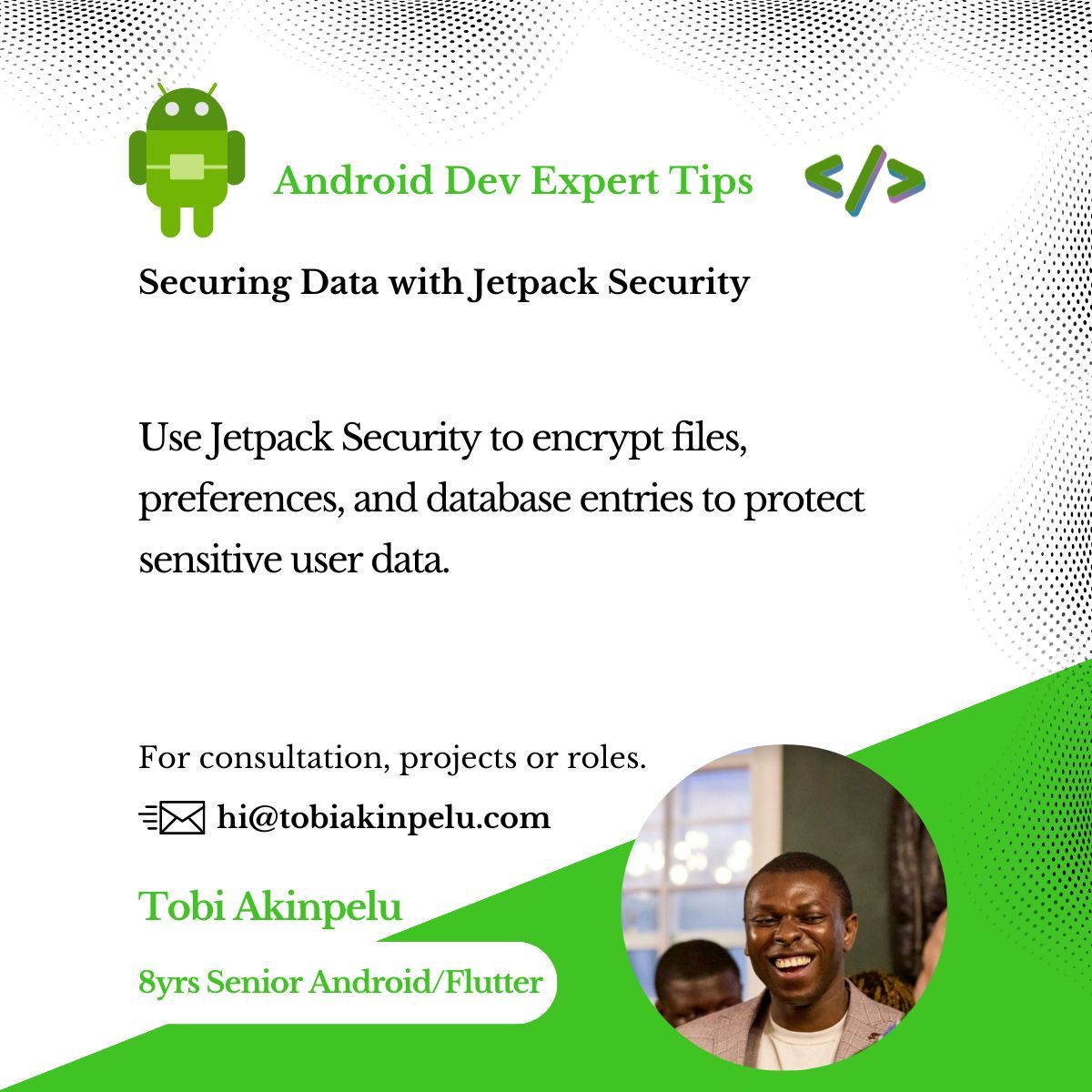 tobiakinpelu_'s tweet image. Jetpack Security helps encrypt files, SharedPreferences, and databases in Android apps, protecting user data and ensuring privacy. Implementing these standards supports data protection and user trust.
like, share and comment.
#androiddev #androidjetpack #appsecurity