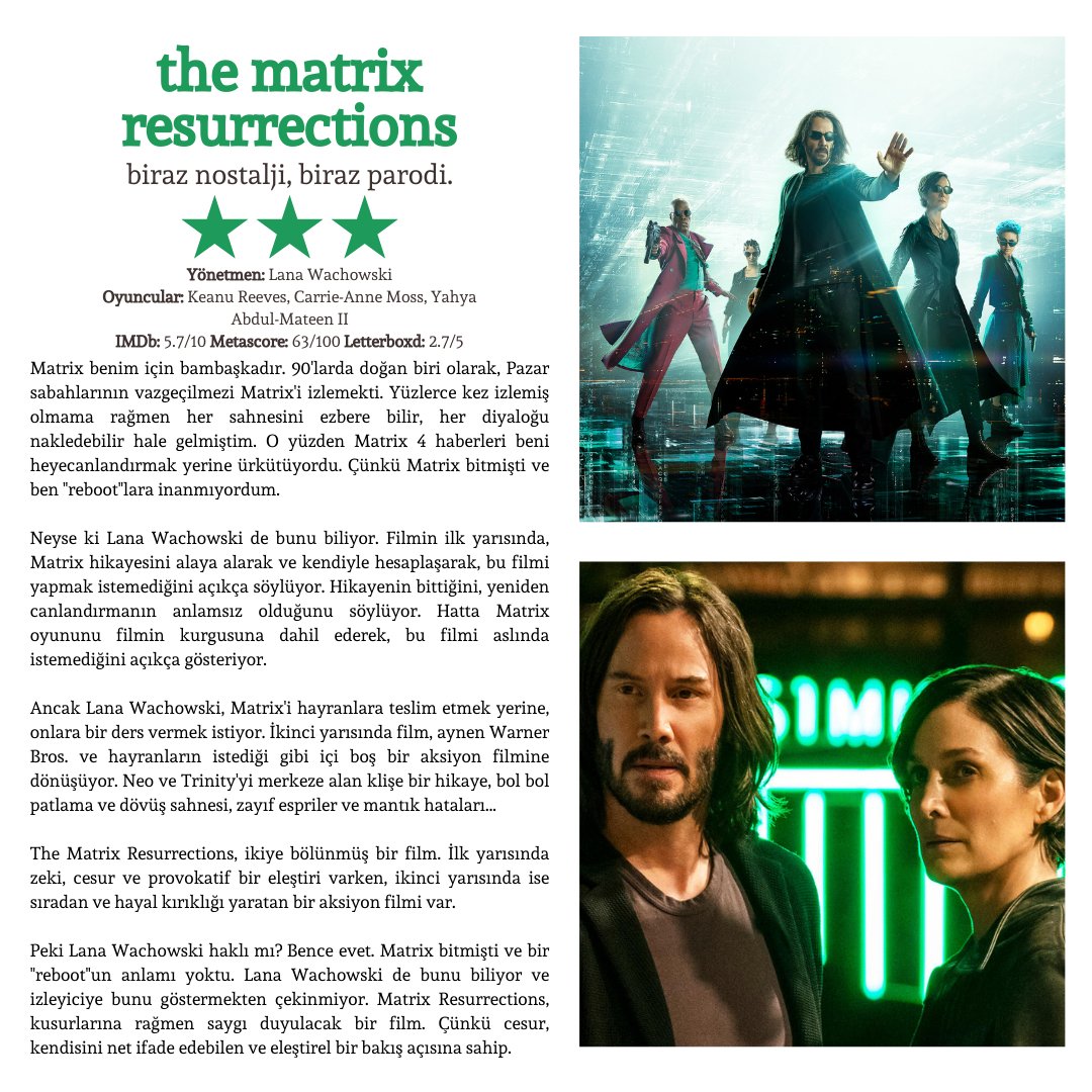 seyirlistesi's tweet image. The Matrix Resurrections (2021)

instagram.com/p/C9Hh3O9sRPS/

Yönetmen: Lana Wachowski
Oyuncular: Keanu Reeves, Carrie-Anne Moss, Yahya Abdul-Mateen II
IMDb: 5.7/10
Metascore: 63/100
Letterboxd: 2.7/5

#thematrix #thematrixresurrections #thematrix4