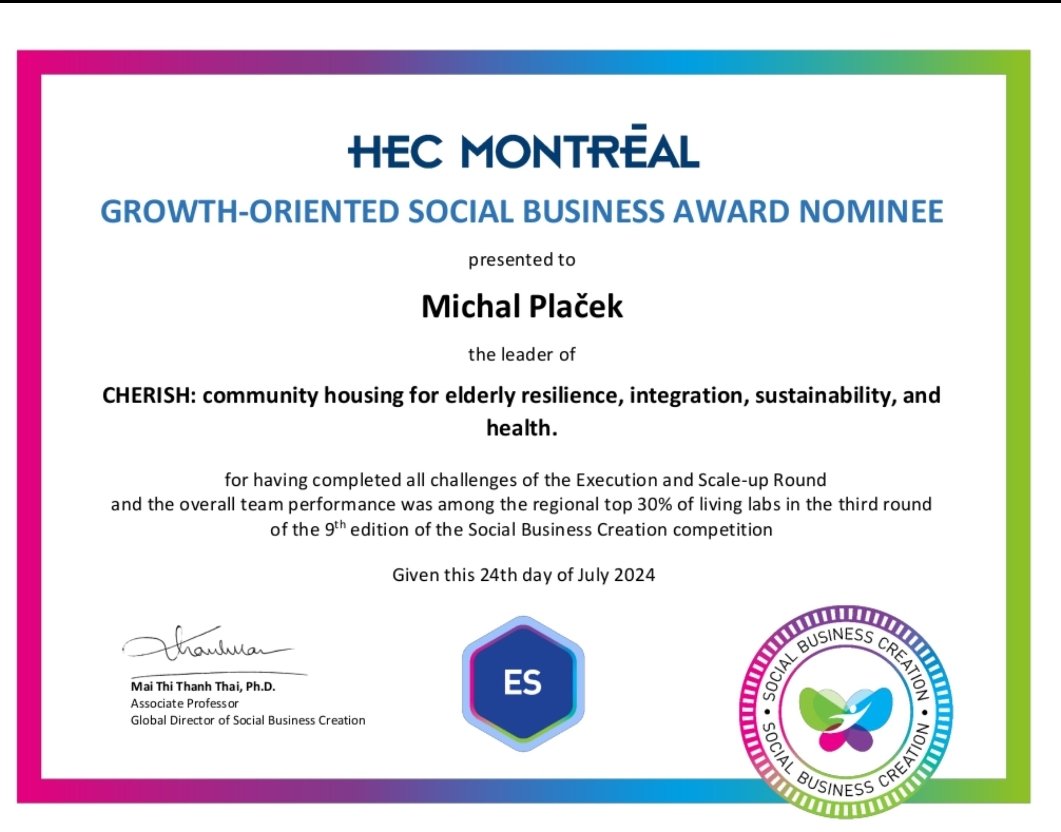 Our Cherish project, which transforms social housing for seniors, won another award in the Social Business Creation competition organized by HEC Montreal.#SocialBusiness