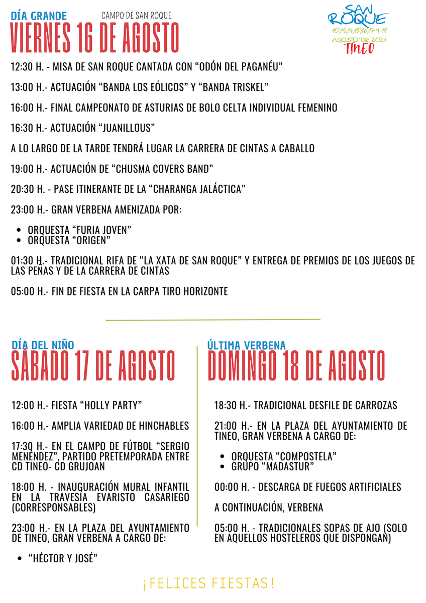 Programa de las 𝐅𝐢𝐞𝐬𝐭𝐚𝐬 𝐝𝐞 𝐒𝐚𝐧 𝐑𝐨𝐪𝐮𝐞 𝟐𝟎𝟐𝟒. 
Días 10, 13, 14, 15, 16, 17 y 18 de agosto 
  #Tineo #Asturias