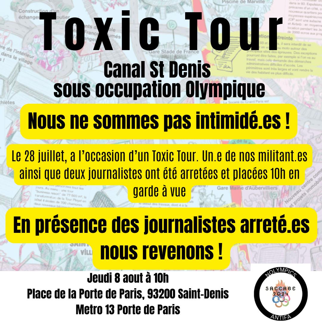 TOXIC TOUR - Le Canal St Denis sous occupation Olympique. 

Les garde a vues ne nous intimident pas !

Nous raconterons les récits de violences, de privation de liberté et d'expulsion olympique en parcourant le canal St Denis, devenu symbole. 

saccage2024.noblogs.org/archives/3211