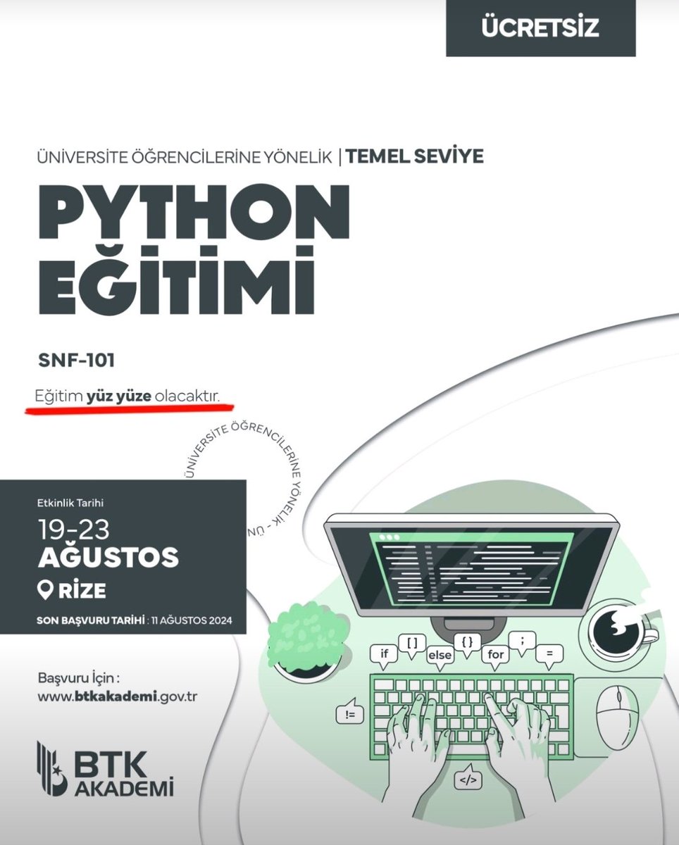 Rizede ki öğrencilerimize yönelik Python, Yapay Zeka, Görüntü işleme ve Makine Öğrenmesi Eğitimlerine Başlıyoruz. Her ay düzenli olarak yapılacak bu eğitimler Bilgi Teknolojileri Kurumu tarafından düzenlenir ve tamamen ücretsizdir.
Eğitmen : Burak TURGUT 

btkakademi.gov.tr/portal/public/…