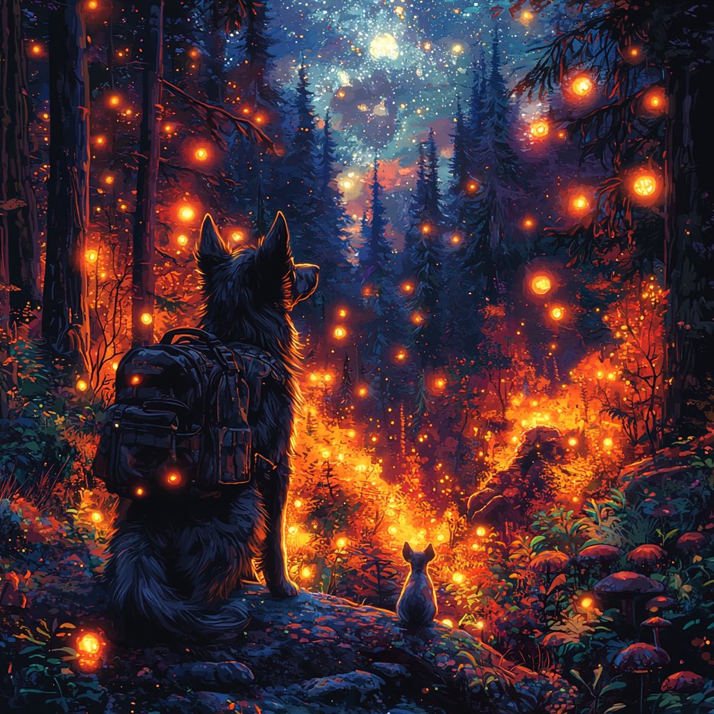 frodo_barks's tweet photo. What if a dog wandered through a dense, enchanted forest with a small backpack, encountering magical glowing mushrooms and curious woodland creatures? #caturday #digitalart #art #pets #ForestExplorer https://t.co/BhrsII72lc