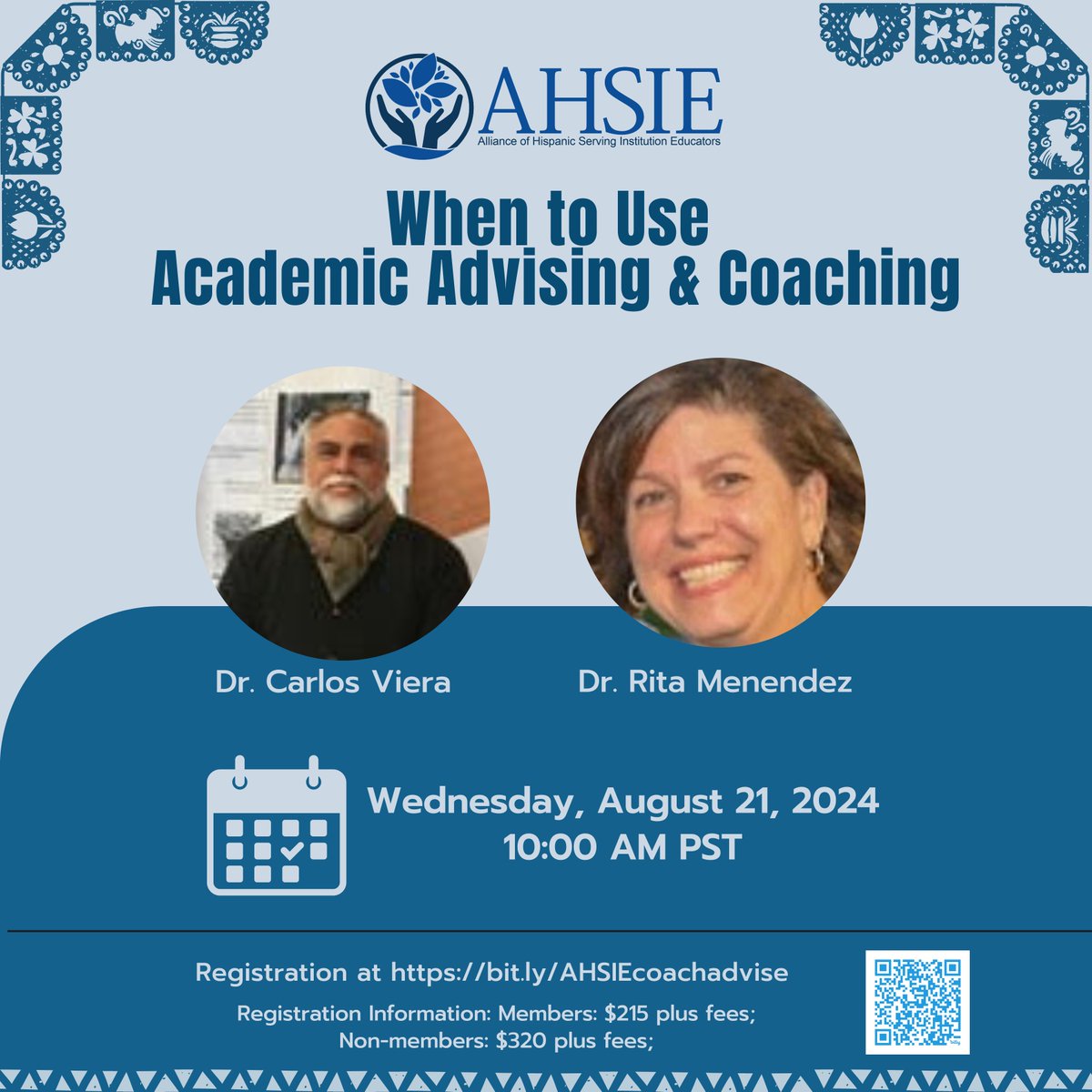 ahsieducators's tweet photo. Happy August, AHSIE Community!

We want to inform you that we are holding an event in August called "When to Use Academic Advising &amp; Coaching."

We are thrilled to invite you to our upcoming event, which will feature distinguished speakers Dr. Carlos Viera and Dr. Rita Menendez. https://t.co/b9WwYK23v2