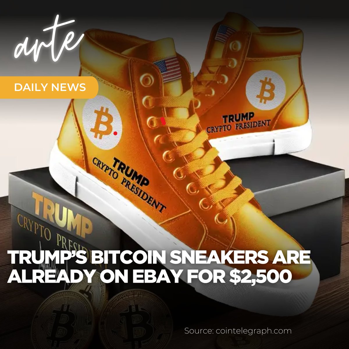 Arte Community (@artecommunity_) on Twitter photo 📢 arte Daily News
Trump’s Bitcoin sneakers are already on <a href="/eBay/">eBay</a> for $2,500.
<a href="/realDonaldTrump/">Donald J. Trump</a>'s limited-edition orange #Bitcoin sneakers sold out fast, now reselling for $700-$2,500 on eBay.
tinyurl.com/nf39snet
<a href="/Cointelegraph/">Cointelegraph</a> 📢 arte Daily News
Trump’s Bitcoin sneakers are already on <a href="/eBay/">eBay</a> for $2,500.
<a href="/realDonaldTrump/">Donald J. Trump</a>'s limited-edition orange #Bitcoin sneakers sold out fast, now reselling for $700-$2,500 on eBay.
tinyurl.com/nf39snet
<a href="/Cointelegraph/">Cointelegraph</a>
