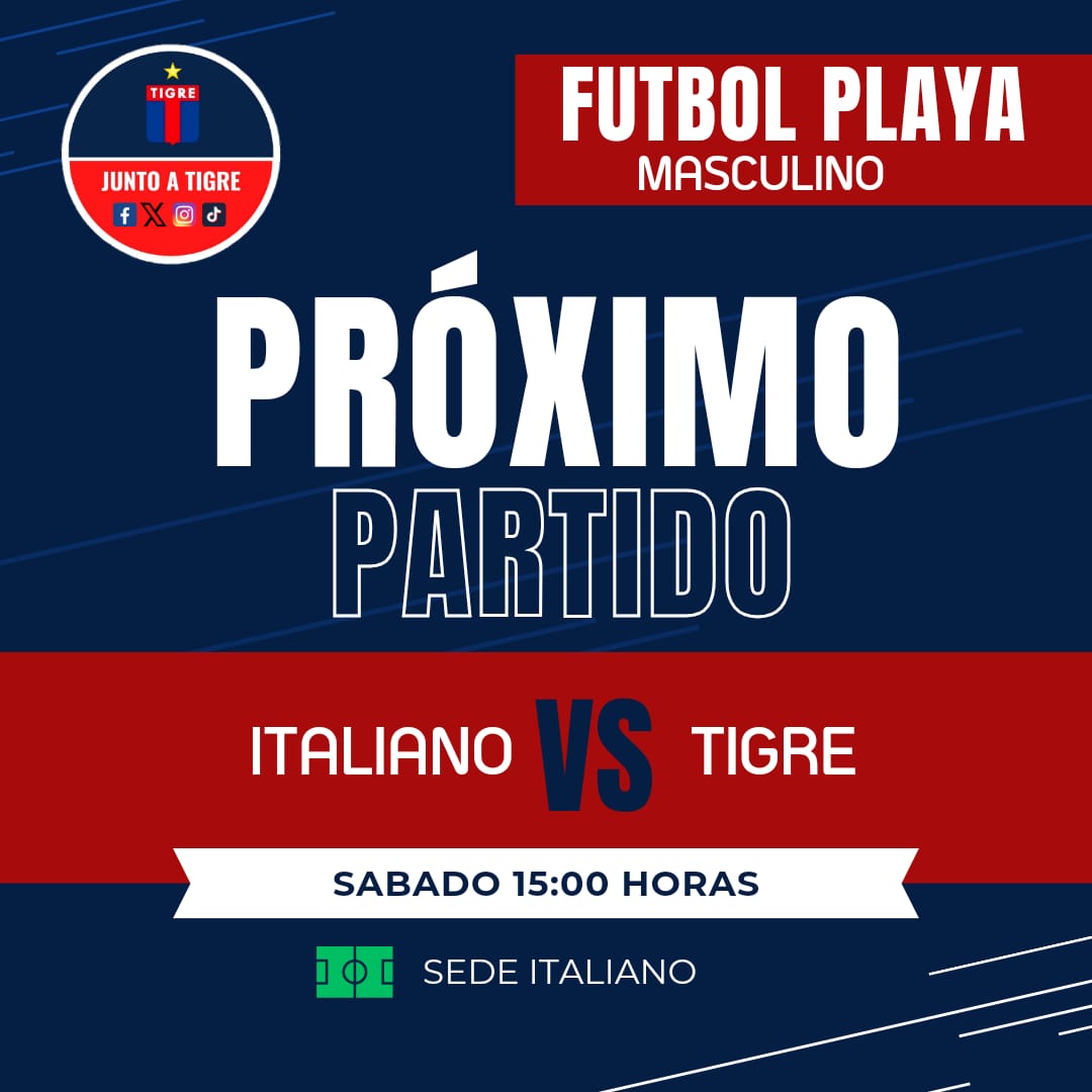 JuntoaTigre's tweet photo. Fútbol Playa (masculino):
Si el clima lo permite, Tigre visita hoy a Italiano a las 15.00 en la sede de Italiano.
Por otro lado recibirá a Edris mañana a las 11.00 en la Quemita.
#ClubAtléticoTigre #Italiano #Edris #FútbolPlaya https://t.co/1mtZ4atohy