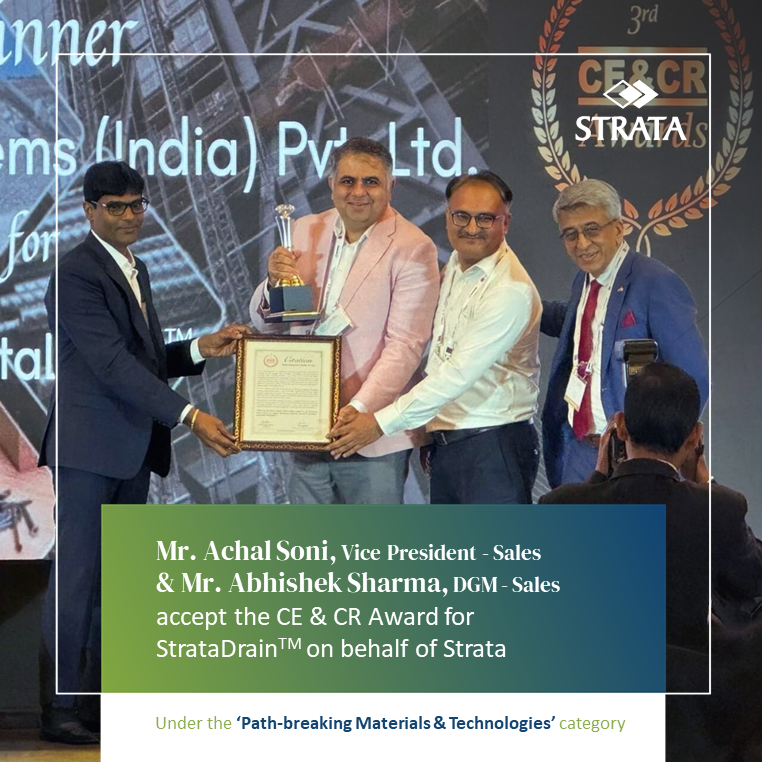 Strata_Global's tweet photo. #Strata proudly announces yet another star on our shoulder. Testament to our efforts, #StrataDrain™ wins a #CECR award, recognising our solution as a path-breaking offering for drainage management. Read the article to learn more: https://t.co/7LIVmei7VU

@cecr_live @achalsoni https://t.co/QoY7hZKReT