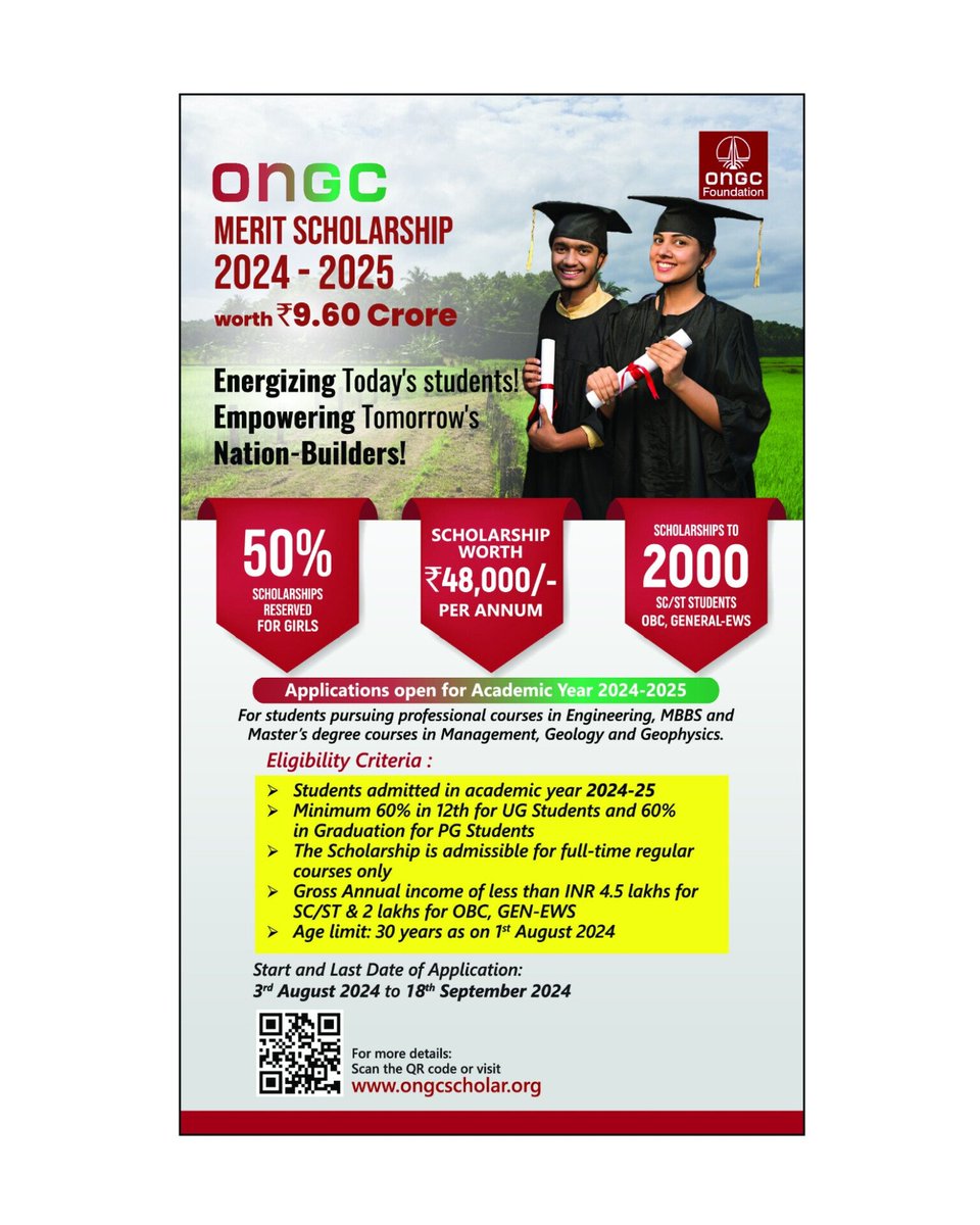 Dear Students, ONGC is again presenting an opportunity for you to fuel dreams through ONGC Merit Scholarship Schemr 2024-25.
Apply by scanning the QR code.
<a href="/ONGC_/">Oil and Natural Gas Corporation Limited (ONGC)</a> 
#Scholarships #ongc