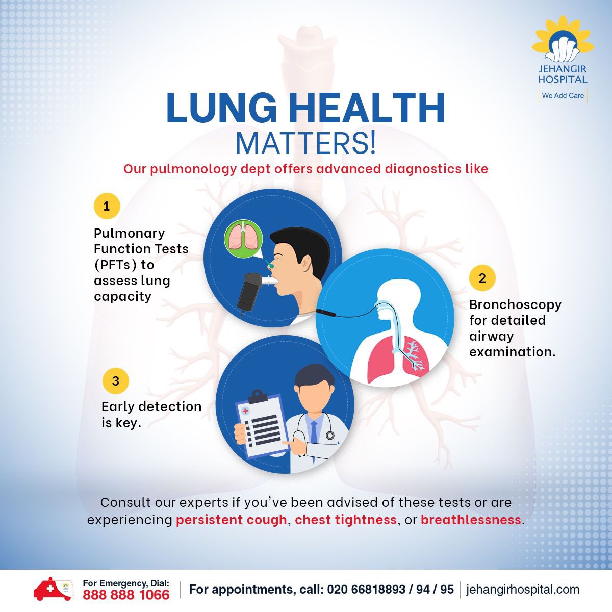 JehangirCare's tweet image. Your lung health is crucial. Our Pulmonary Function Tests (PFTs) offer a comprehensive evaluation of your lung function, aiding in the early detection of conditions like asthma or COPD.

#LungHealth #PulmonaryFunctionTest #PFT #Bronchoscopy #SleepStudy #Asthma #COPD #LungCare