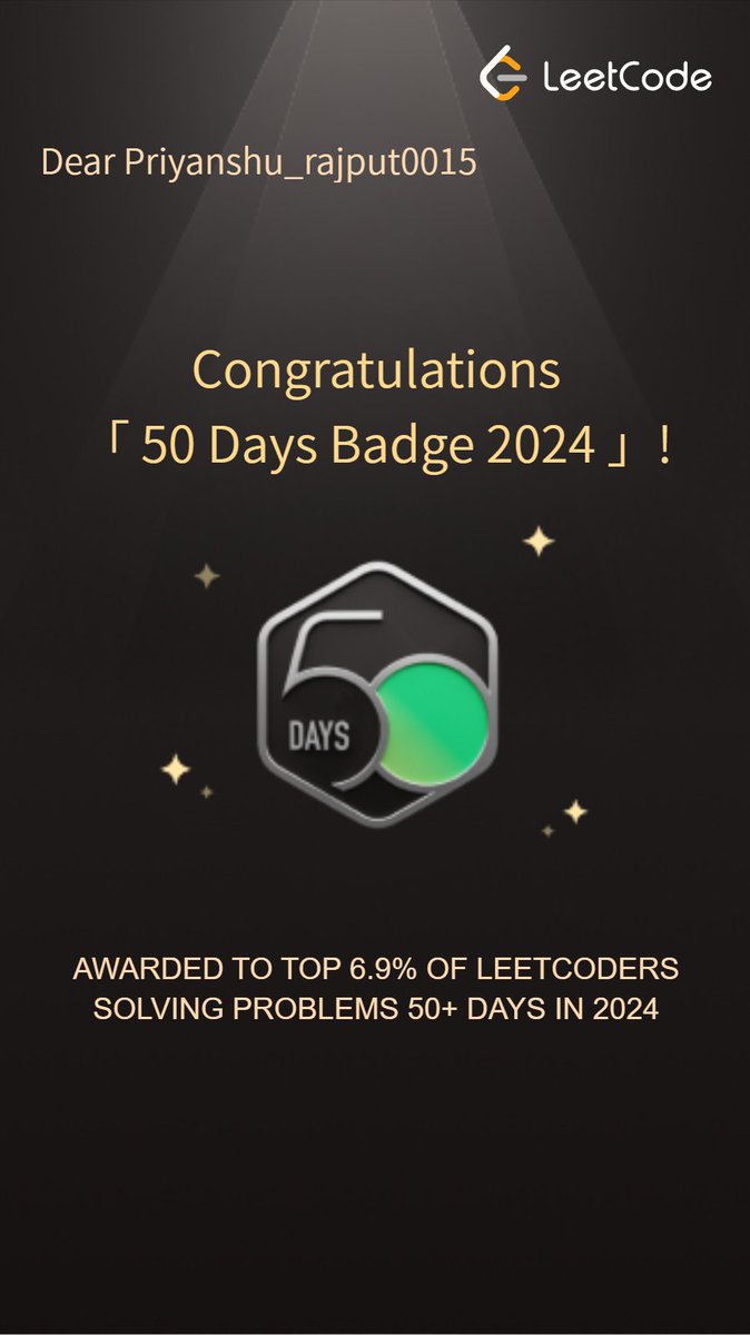 PRuhela15's tweet image. 🚀 Excited to share I’ve earned the @LeetCode 50 Days Badge and several badges from @CodingNinja! 🎉 Grateful for the challenges and growth. Onward to more coding adventures! 💻 #LeetCode #CodingNinja #CodingJourney #Achievement