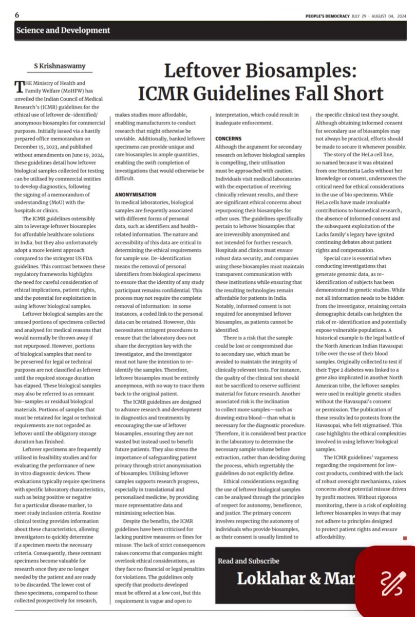 krishnamku's tweet image. peoplesdemocracy.in/2024/0804_pd/l…
#icmr #leftover #biosamples #guidelines @MoHFW_INDIA @ICMRDELHI