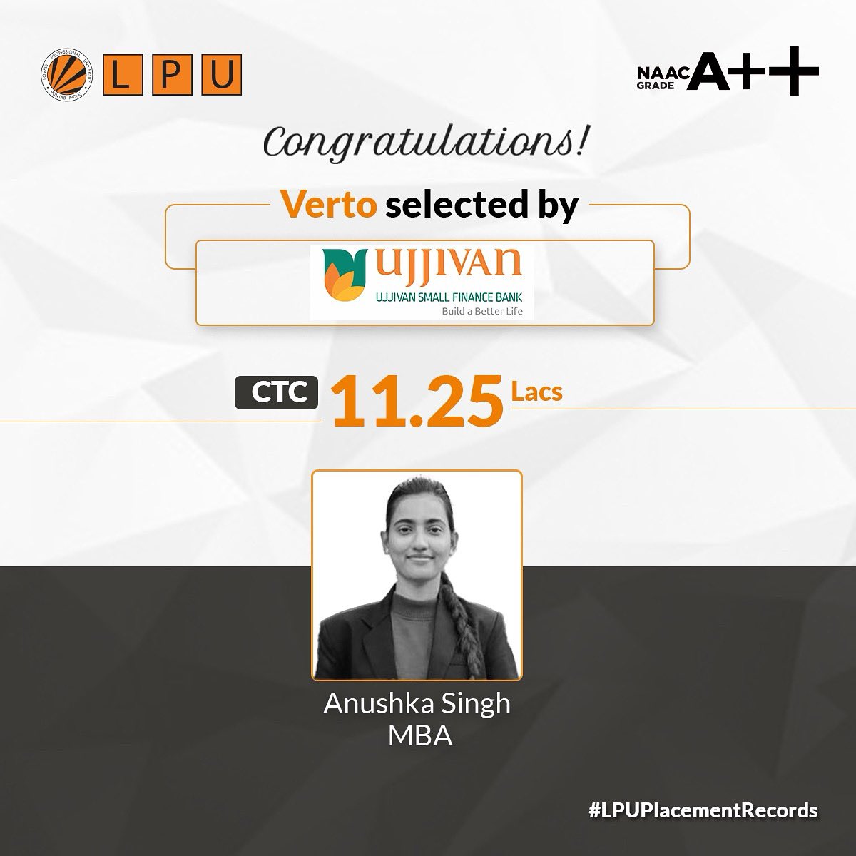 lpuuniversity's tweet photo. Great news! LPU MBA student Anushka Singh has been placed with Ujjivan Small Finance Bank with CTC 11.25 Lacs!
#MBAAtLPU flourishes with well-crafted academics and amazing placements, which lead our Vertos to life-changing careers in the most reputed organisations. https://t.co/rTiPOpotNR