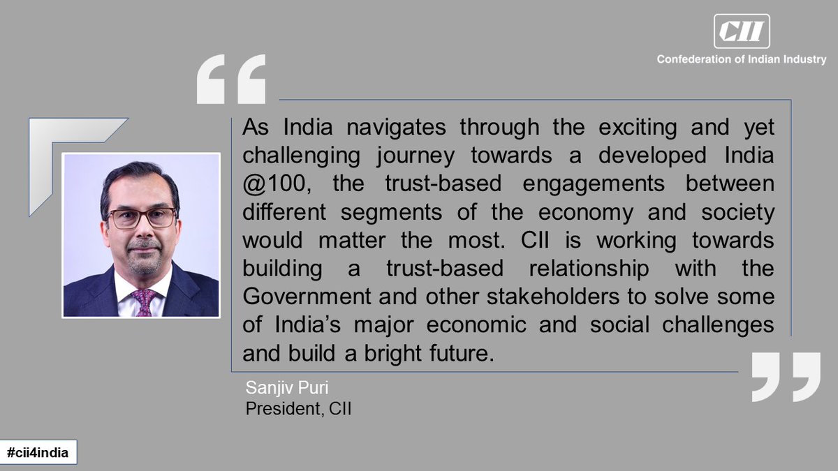 FollowCII's tweet photo. As the fastest-growing large economy, #India makes for a compelling growth story, says Sanjiv Puri, President, CII. In the latest edition of #CIIPolicyWatch, CII President outlines a roadmap for a globally competitive India@100, highlighting 10 key areas that require the Government's attention. Read his insightful article to explore these key points. https://t.co/Um0A5aqFPw #cii4india #IndiaAt100 #ViksitBharat @ITCCorpCom