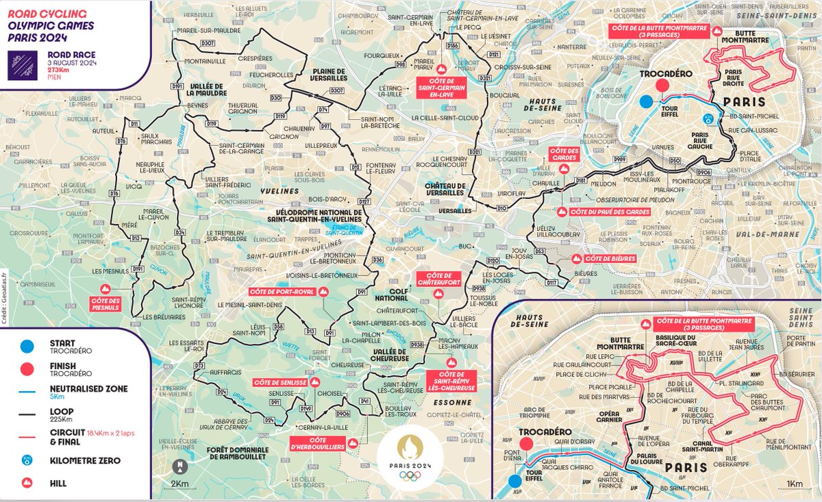 Bij de OS wegwedstrijd wielrennen ontbreekt het aan een tijdschema á la de TDF. Dus zelf even de rekenmachine gepakt. 

Bij een gemiddelde van 43 km/u duiken ze om 16:36 uur terug Parijs in voor de finale van 32 km over de drie lokale ronden met de klim naar Montmartre. 
#OS2024