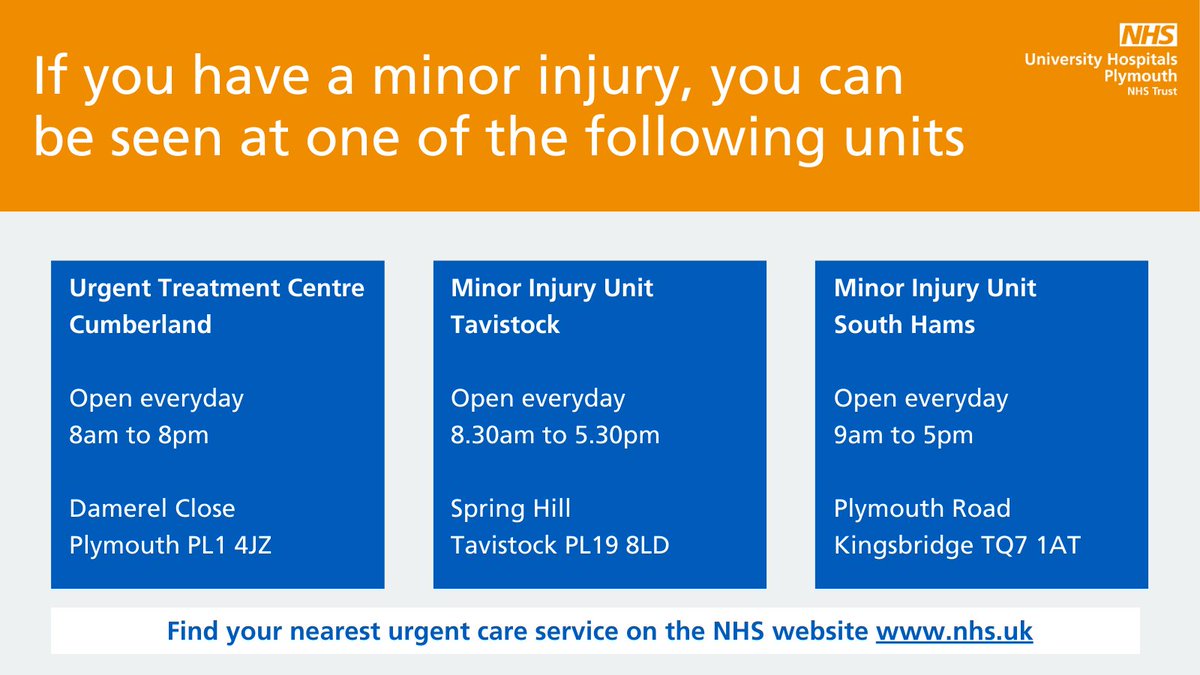 UHP_NHS's tweet image. We have x-ray facilities at some of our UTC and MIUs to help diagnose broken bones (upper and lower limbs only).

Please note the x-ray service at Tavistock is currently unavailable.

Contact NHS 111 or visit ow.ly/WQ2Y50SHY9B