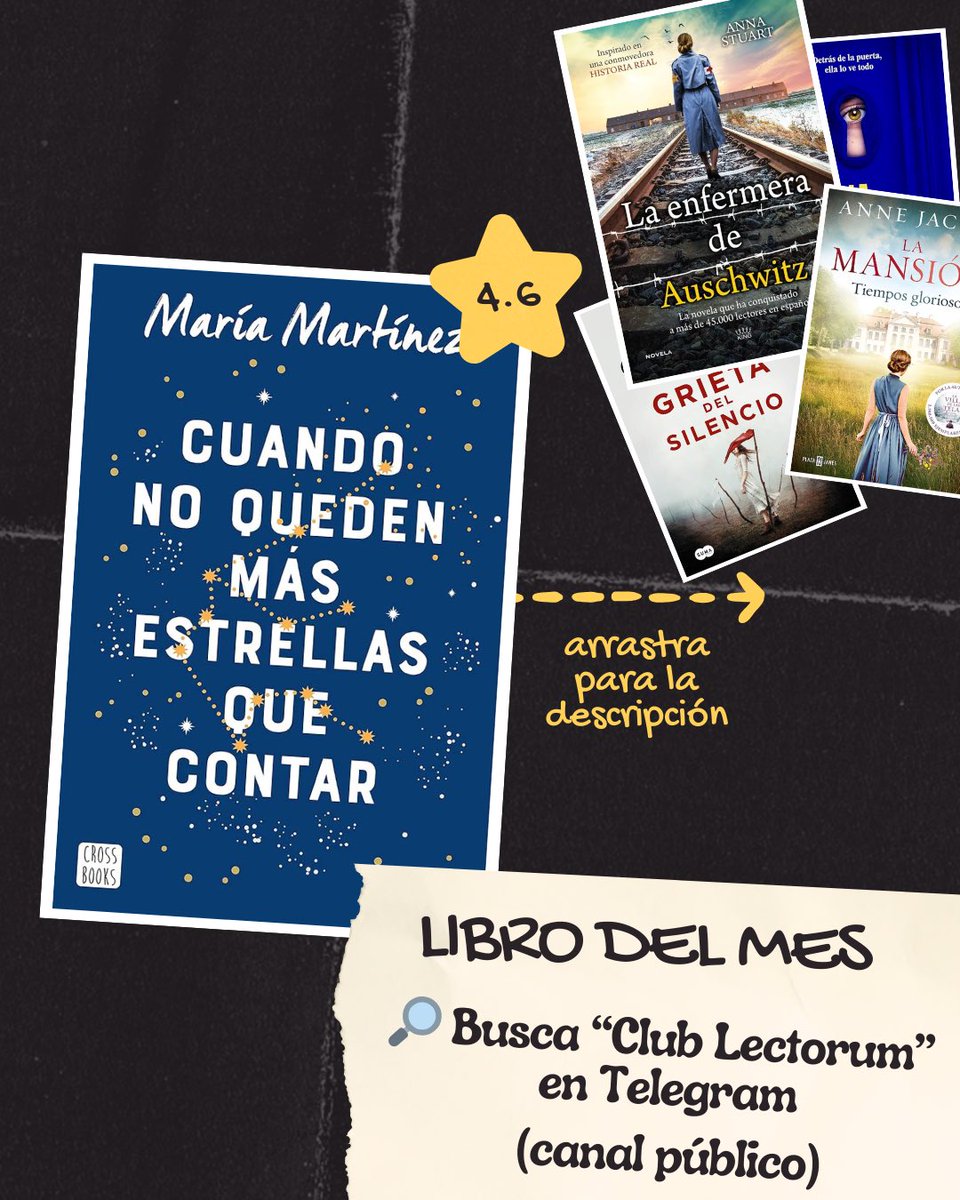 Club_Lectorum's tweet photo. Este més de agosto hemos empezado a leer el libro “Cuando no queden más estrellas que contar” de María Martinez.

Si te apetece leer libros y conversar sobre ellos, únete al Club Lectorum en Telegram.
#LibrosRecomendados https://t.co/PBsMIsp4nv