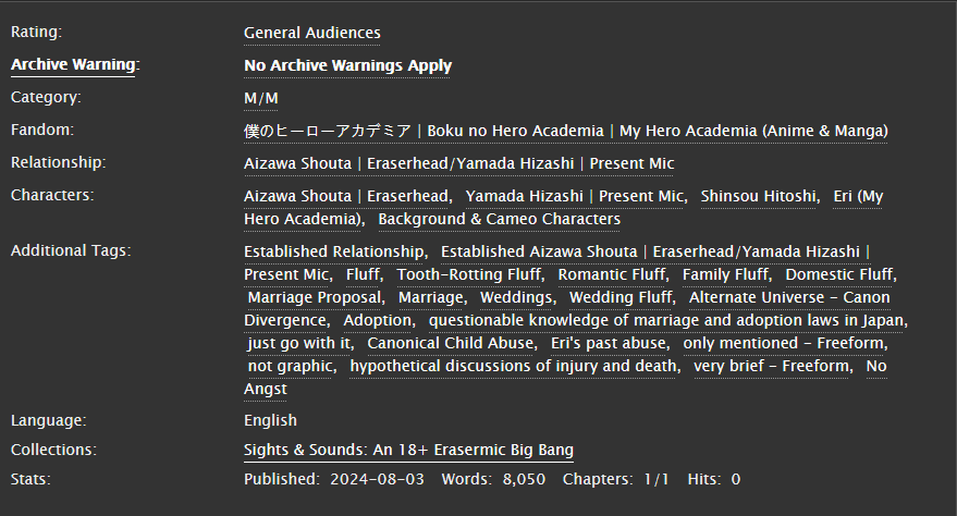 Finally able to share my fic for <a href="/EraserMicBang/">Sights & Sounds :EraserMic Big Bang 💛🖤</a> #EraserMicBigBang if you're in need of some fluffy #erasermic with Shinso and Eri then look no further

I also had the honor of working with <a href="/nekoo3001/">nk</a> who is an extremely talented artist, so be sure to check her out!

links below