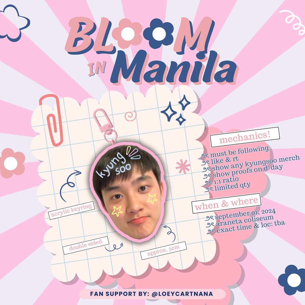 loeycartnana's tweet photo. ˚｡⋆୨୧˚ kyungsoo bloom fancon in manila fan support by: @loeycartnana  ˚｡⋆୨୧˚

🗓️ Sept 01, 2024 - Day 2

౨ৎ like, rt, mbf
౨ৎ show any #kyungsoo merch
౨ৎ show proofs on d-day
౨ৎ strictly 1:1 (vv limited qty)

#BLOOM_In_MANILA #FANCONCERT_BLOOM #BloomInManila #DOHKYUNGSOO https://t.co/YvyeO6E6W3