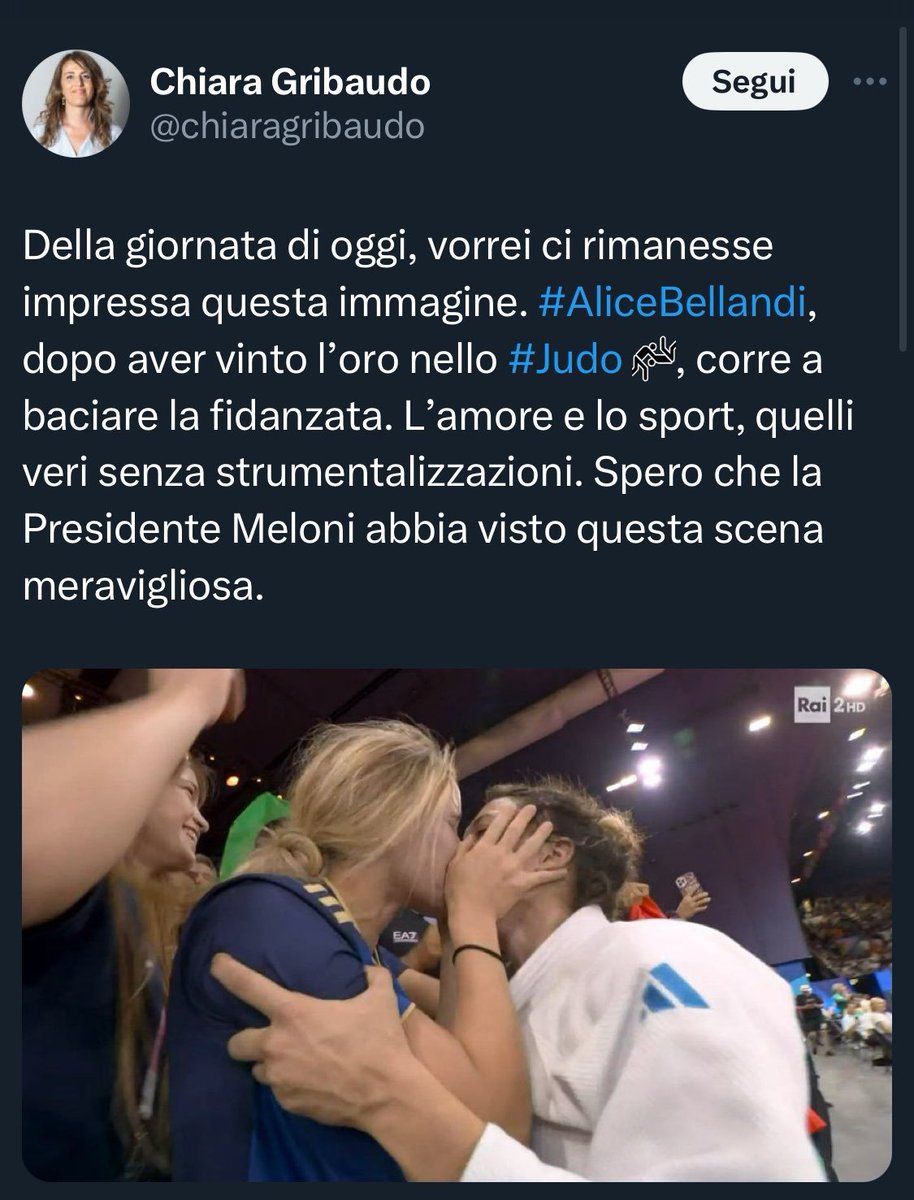 sergionebg's tweet photo. @signori_massimo No li conta la medaglia forse! Quando dici la  #judoka #AliceBellandi vince l'oro contro forse la più forte del mondo e senti che la lettrice di #NovellaPD @chiargribaudo coglie solo il fatto che ha baciato la fidanzata , e' chiaro soffre di quel #puritanismo tipico dei #DEM_enti https://t.co/fL0veafFJQ