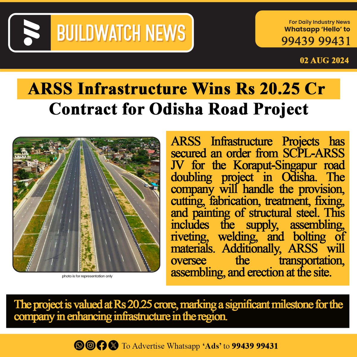 BuildWatchNEWS's tweet image. ARSS Infrastructure Wins Rs 20.25 Crore Contract for Odisha Road Project

#Infrastructure #ConstructionNews #OdishaProjects #ARSSInfrastructure #RoadProjects #StructuralSteel #Engineering #ConstructionIndustry #ProjectManagement #KoraputSingapur #IndiaDevelopment