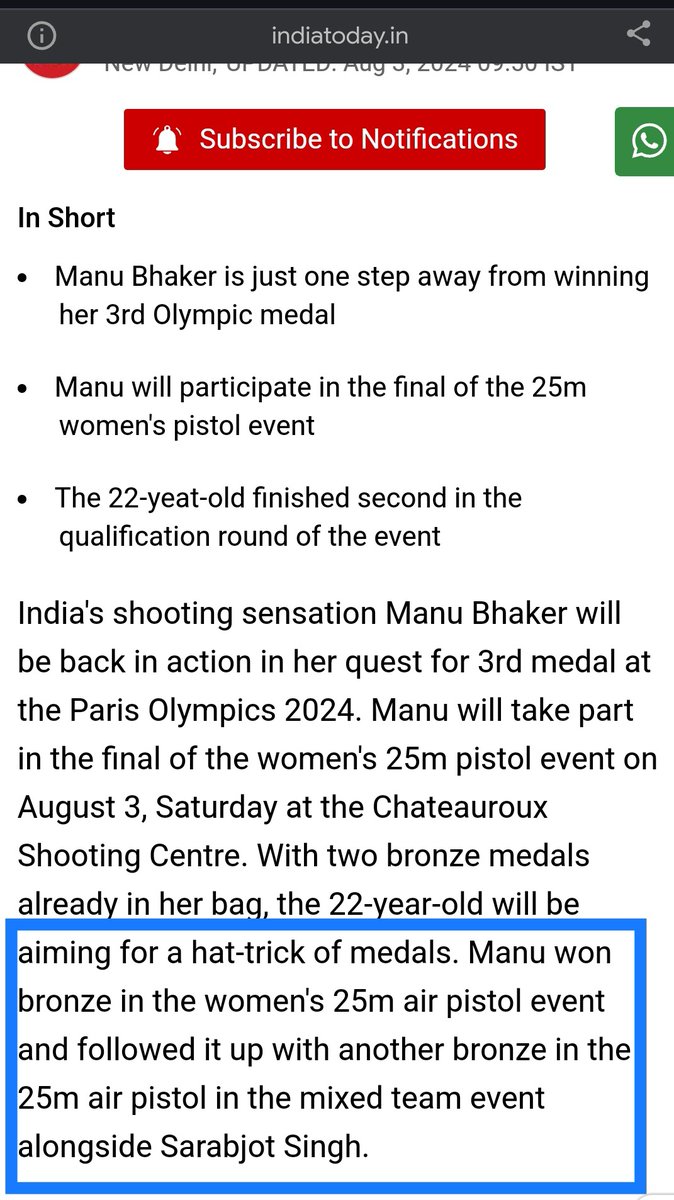 SportsMonkInd's tweet photo. @IndiaToday mistakenly reported #ManuBhaker winning bronze in the 25m air pistol events, but it was actually in the 10m event. Let's honor our athletes with accurate recognition! 
@sports_tak @vikrantgupta73, there is a world beyond cricket.

#FactCheck #IndianSports #justsaying https://t.co/770s5zM16J
