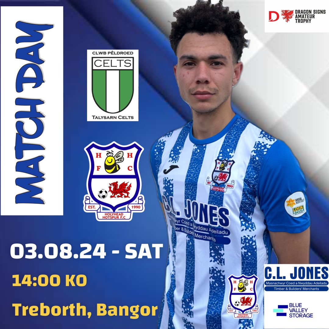 Holyhead Hotspur FC 🐝 (@holyheadhotspur) on Twitter photo 𝙈𝙖𝙩𝙘𝙝𝙙𝙖𝙮 🔵⚪️
We are in <a href="/FAWales/">FA WALES</a> Trophy action this afternoon. Away trip vs <a href="/CeltsCpd/">CPD Talysarn Celts</a> . Please note this match will be played in Treborth Playing Fields, Bangor
🆚 <a href="/CeltsCpd/">CPD Talysarn Celts</a>
🏆 <a href="/FAWales/">FA WALES</a> Trophy
🗓️ 03/08/2024
⏰ 14:00 KO
📍 Treborth, Bangor
🔵⚪️🐝
#HHFC 𝙈𝙖𝙩𝙘𝙝𝙙𝙖𝙮 🔵⚪️
We are in <a href="/FAWales/">FA WALES</a> Trophy action this afternoon. Away trip vs <a href="/CeltsCpd/">CPD Talysarn Celts</a> . Please note this match will be played in Treborth Playing Fields, Bangor
🆚 <a href="/CeltsCpd/">CPD Talysarn Celts</a>
🏆 <a href="/FAWales/">FA WALES</a> Trophy
🗓️ 03/08/2024
⏰ 14:00 KO
📍 Treborth, Bangor
🔵⚪️🐝
#HHFC