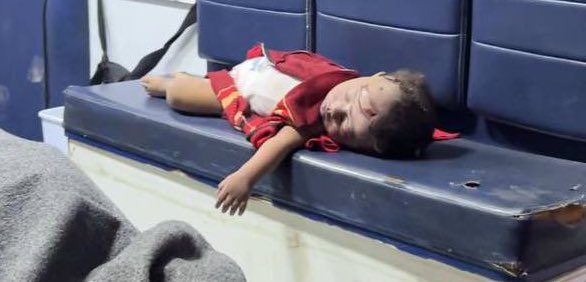AbujomaaGaza's tweet photo. This infant among the victims of #Israeli_bombing of Al Burij refugee camp tonight! https://t.co/YoKzHXa50j